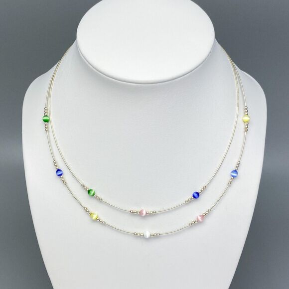 Multicolor Cat's Eye Station Necklace | Sterling Silver 925 | 15.5"-18" - Picture 3 of 5